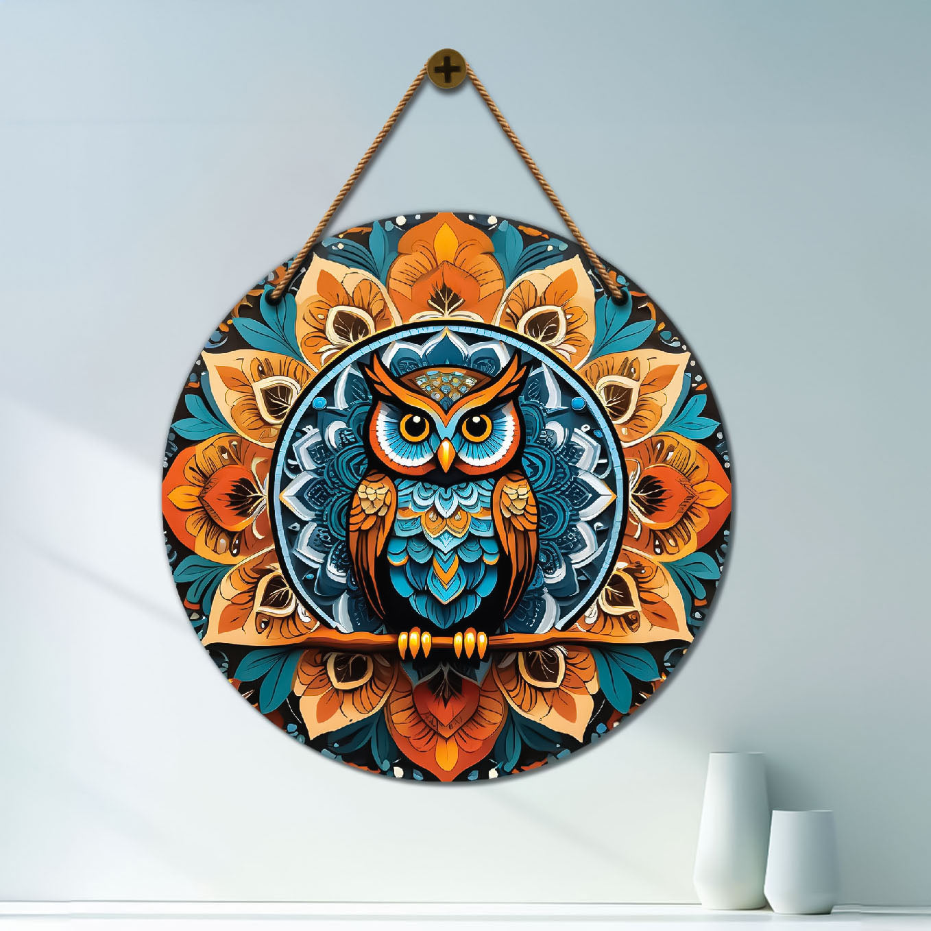 Owl in blue and orange mandala Round Wooden Wall Hanging for wall Décor - Design - 300