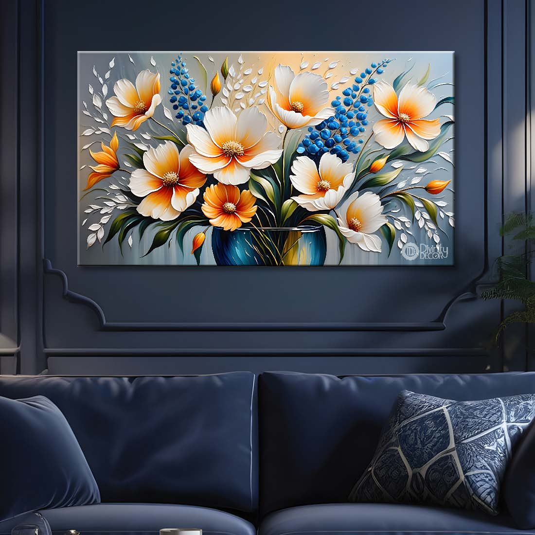 White flowers in blue background canvas painting- Flower-301