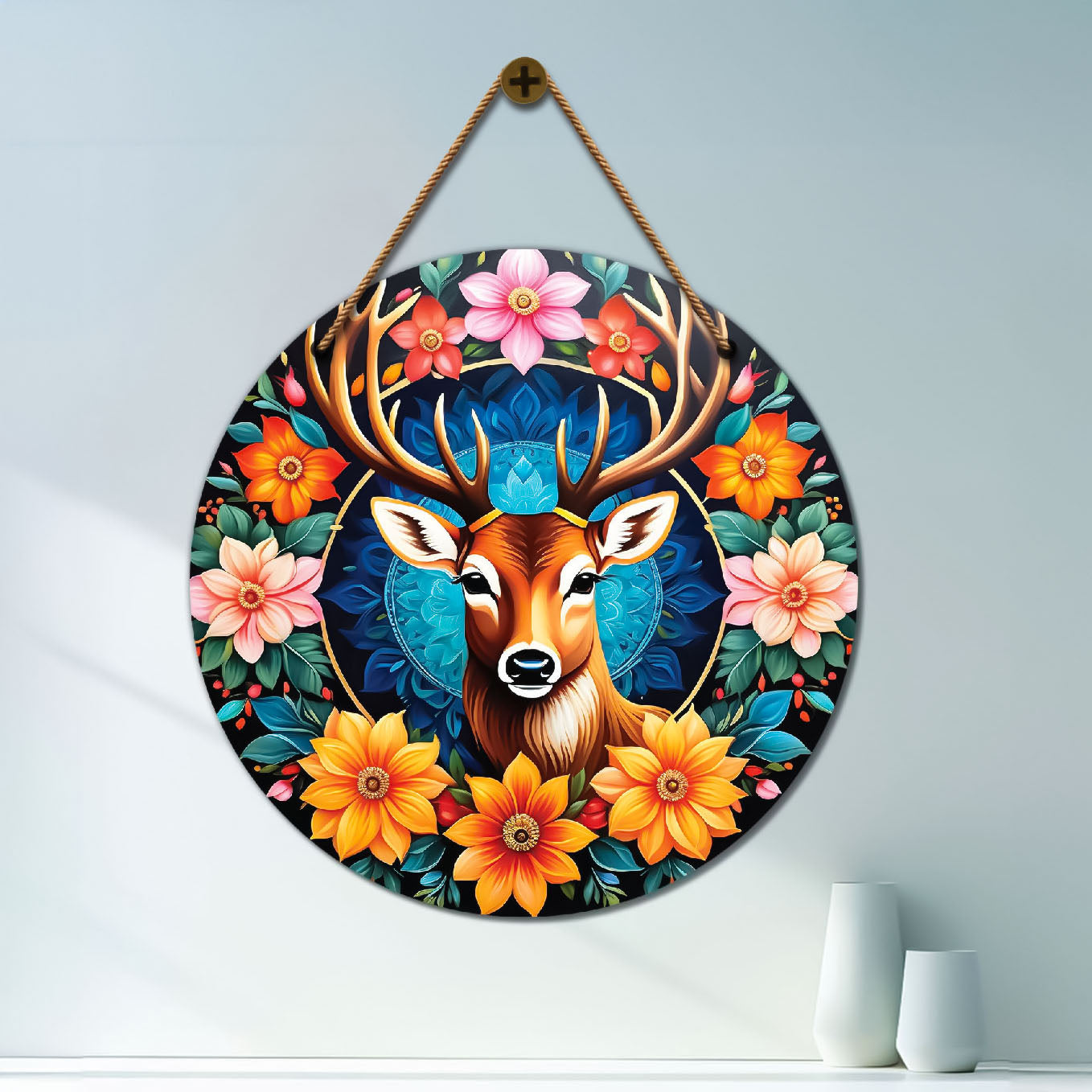 Deer in blue and floral mandala Round Wooden Wall Hanging for wall Décor - Design - 301