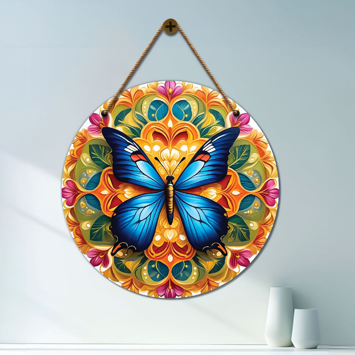 Butterfly in green and orange mandala Round Wooden Wall Hanging for wall Décor - Design - 302