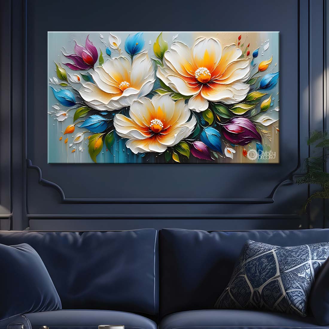 White flowers in blue background canvas painting- Flower-302