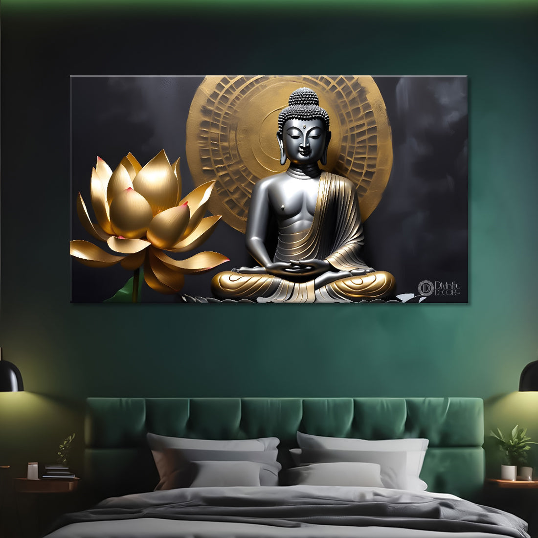 Golden buddha in golden and lotus  background textured painting Canvas Wall Painting - Buddha-303