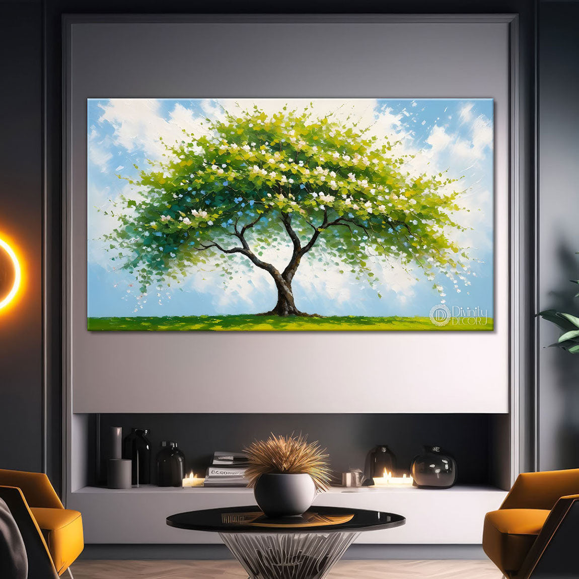 White flower tree in textured background oil painting- Design - Tree-303