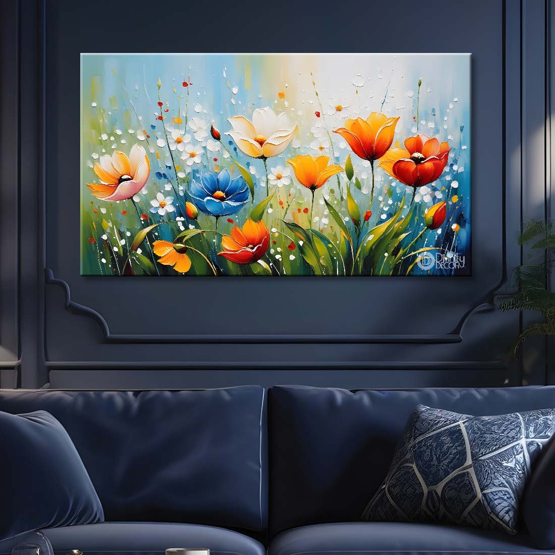 White and orange flowers in blue background canvas painting- Flower-303