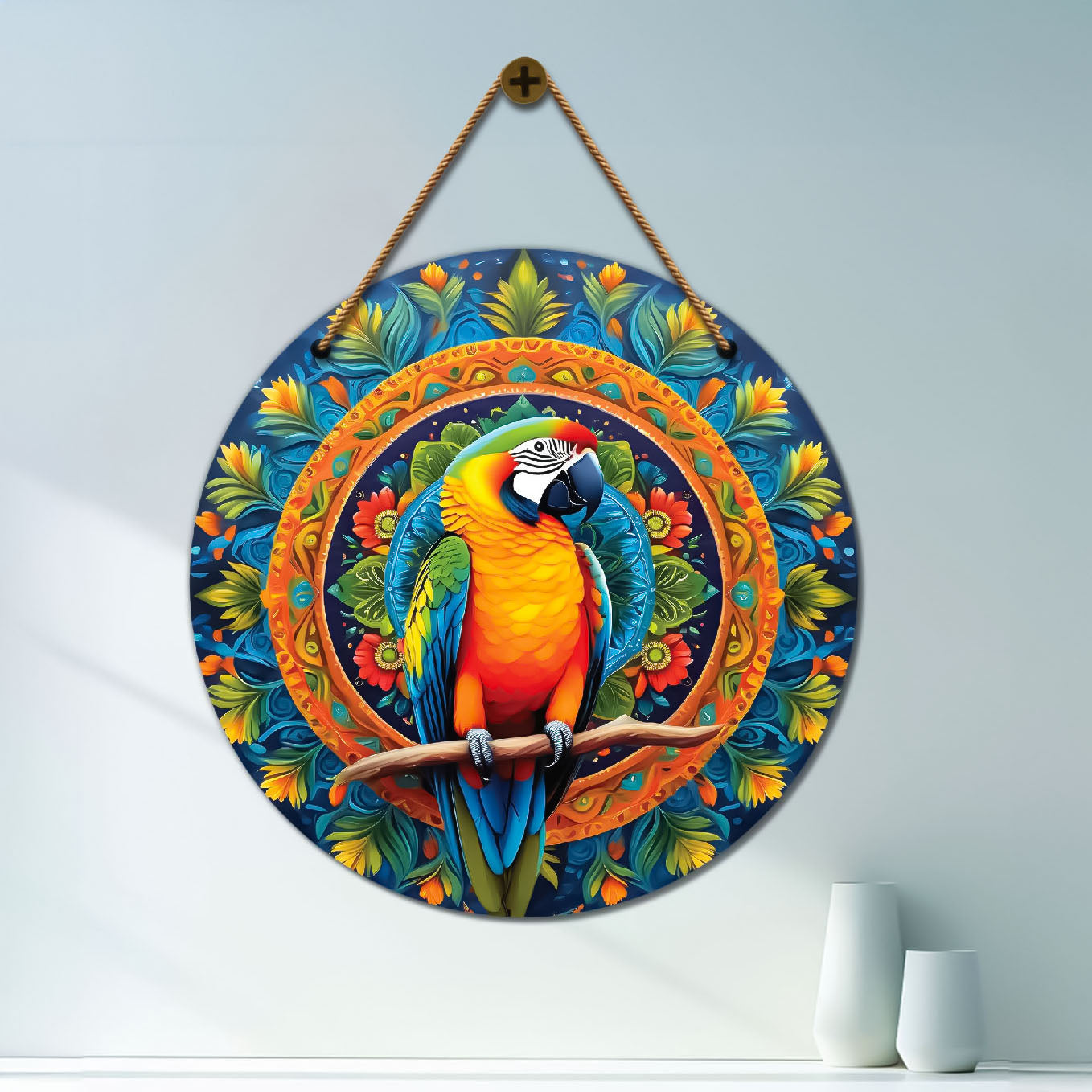 Parrot in green and brown mandala Round Wooden Wall Hanging for wall Décor - Design - 303
