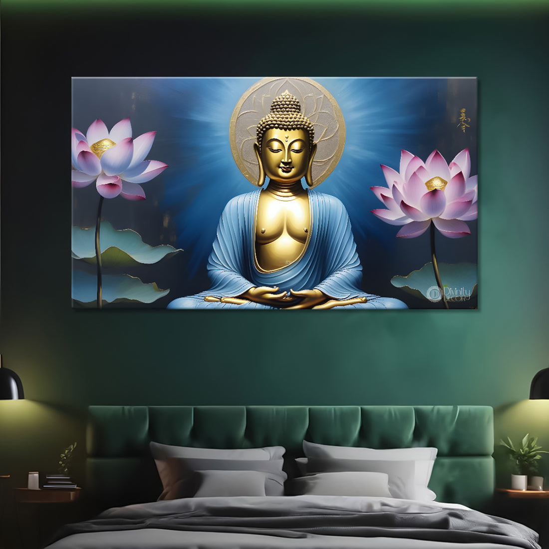 Golden buddha with pink lotus and blue textured background painting Canvas Wall Painting - Buddha-304