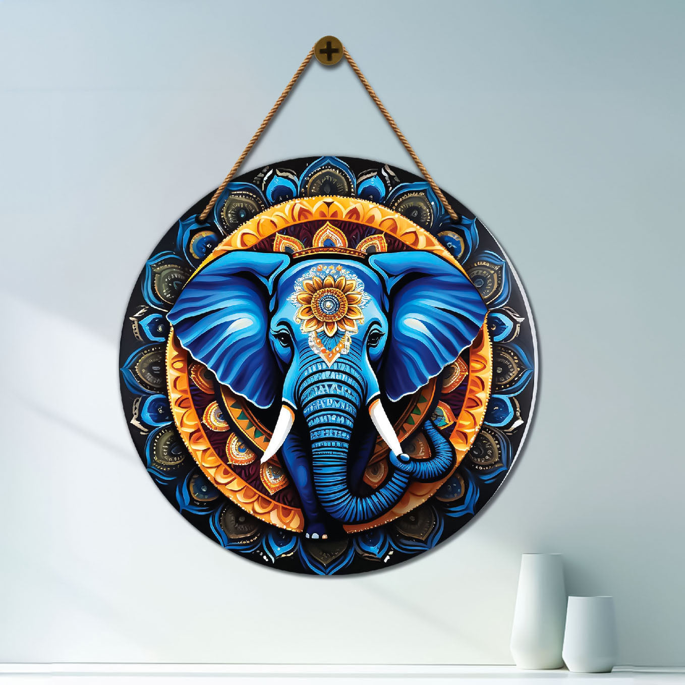 Elephant in golden and blue mandala Round Wooden Wall Hanging for wall Décor - Design - 304