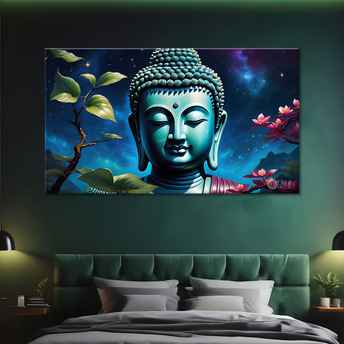 Blue buddha with the blue and flowers background textured painting Canvas Wall Painting - Buddha-305
