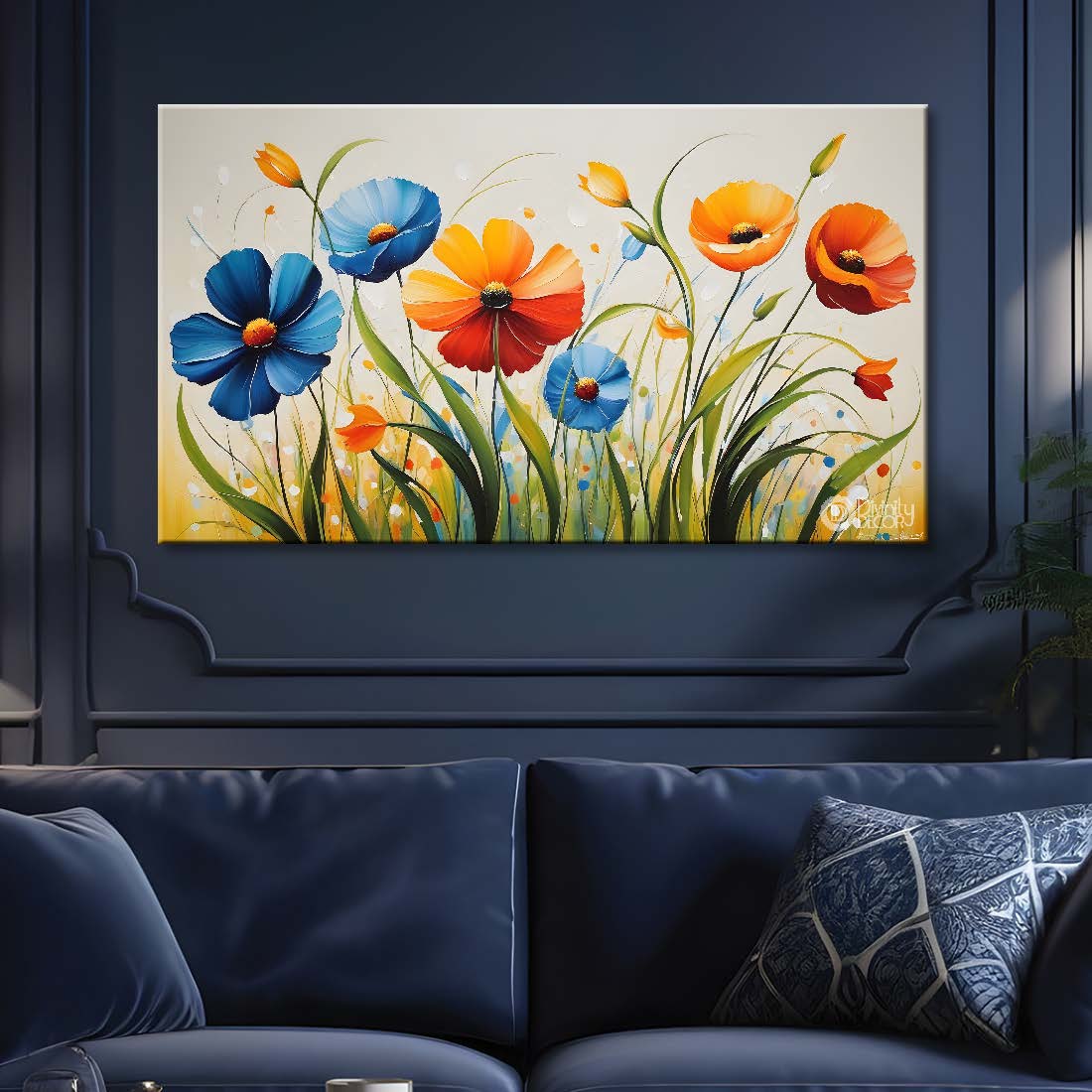 Orange and blue flowers in light background canvas painting- Flower-305