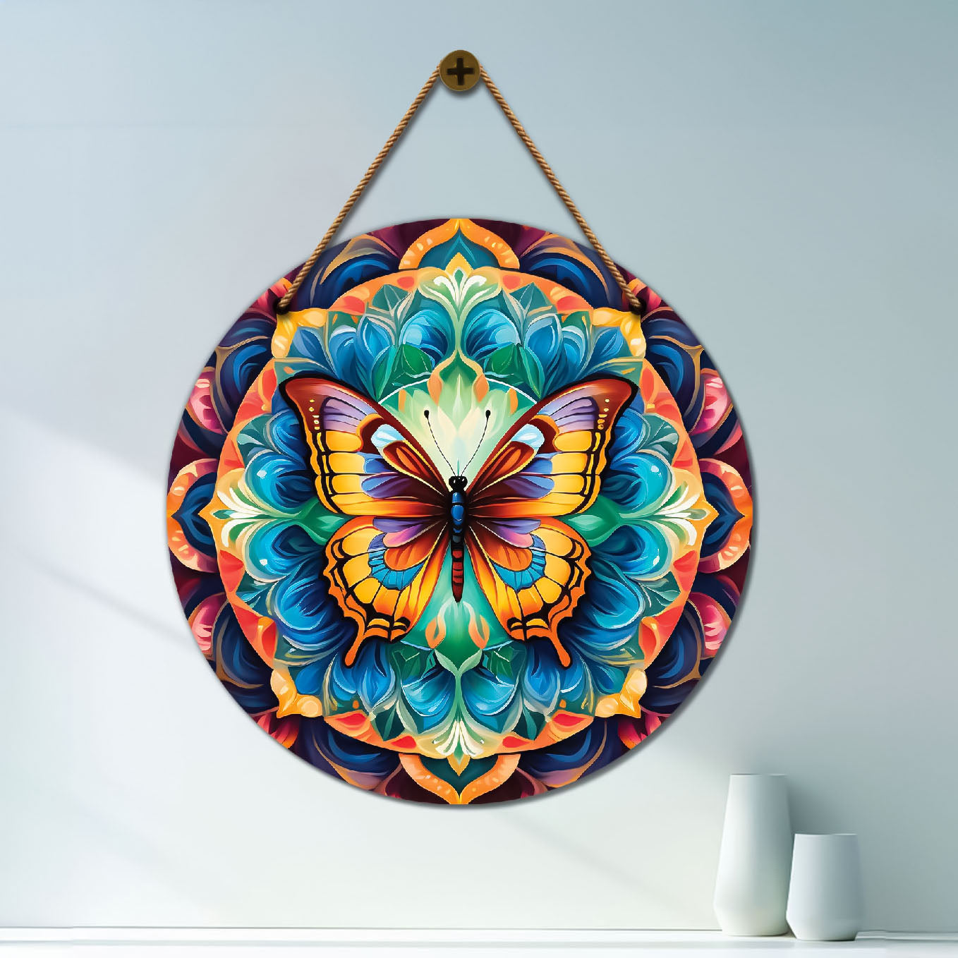 Butterfly in blue and pink mandala Round Wooden Wall Hanging for wall Décor - Design - 305