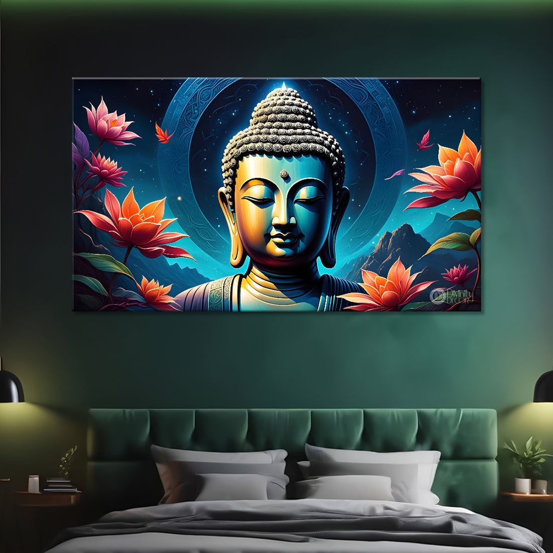 Blue buddha with the blue and flowers background textured painting Canvas Wall Painting - Buddha-306