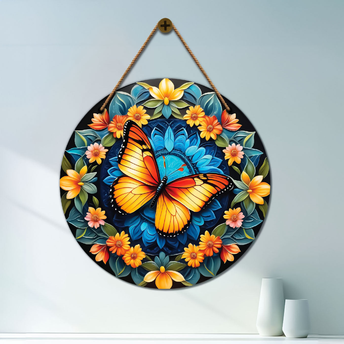 Butterfly in blue and floral mandala Round Wooden Wall Hanging for wall Décor - Design - 306