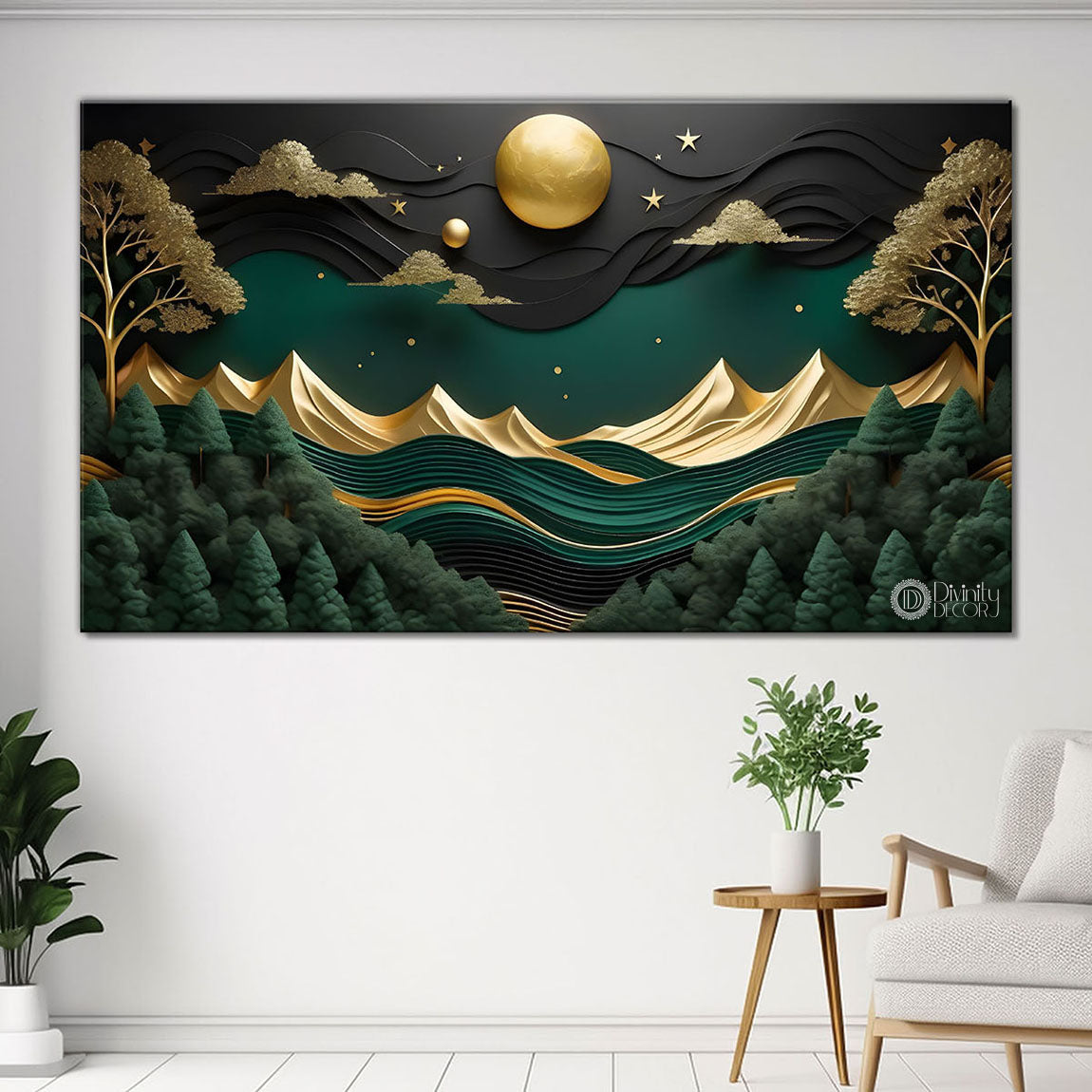 Green mountains with golden moon and trees Canvas Painting - Nature Art -306
