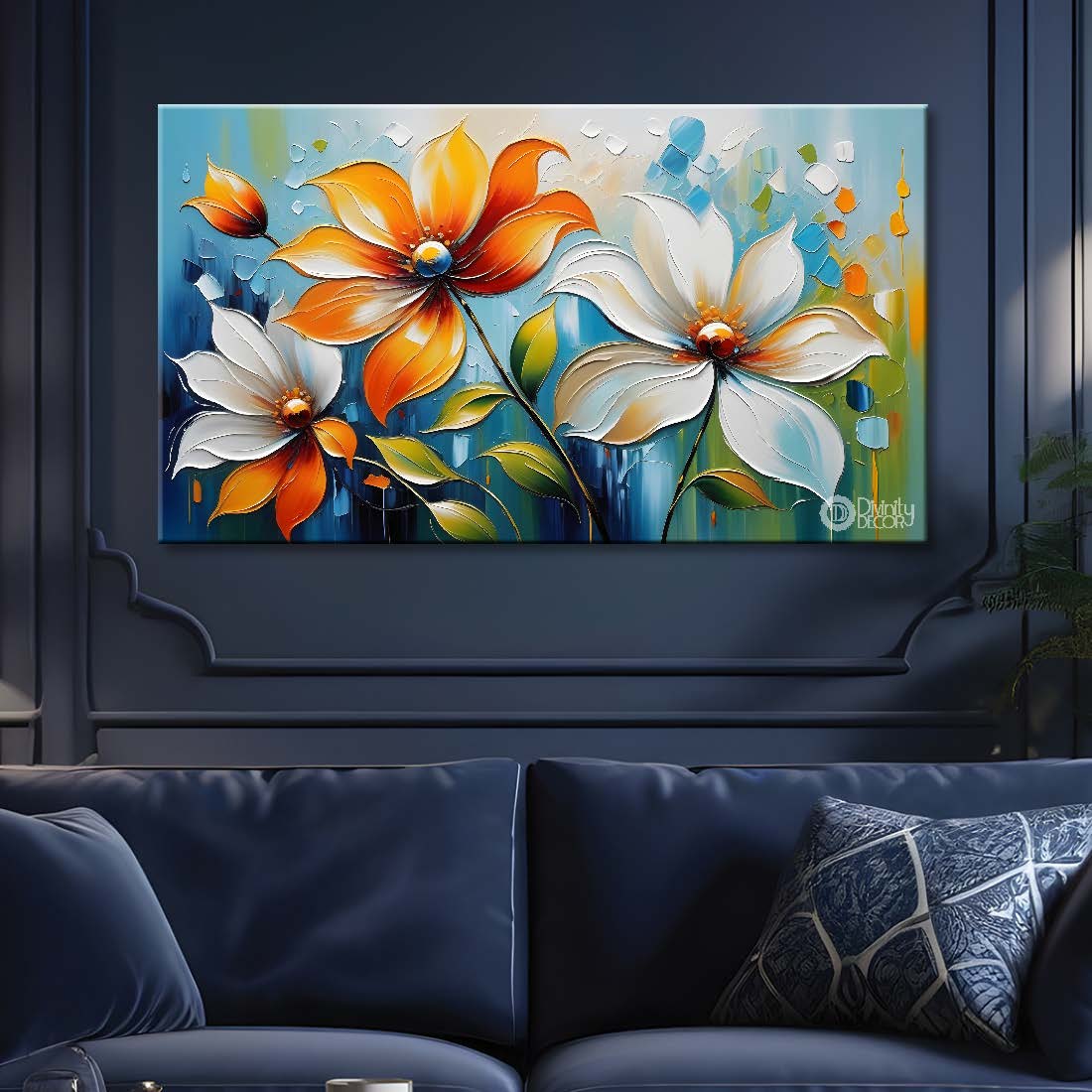 Orange and blue flowers in light background canvas painting- Flower-306