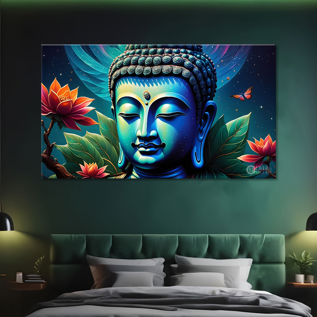 Blue buddha with the blue and flowers background textured painting Canvas Wall Painting - Buddha-307