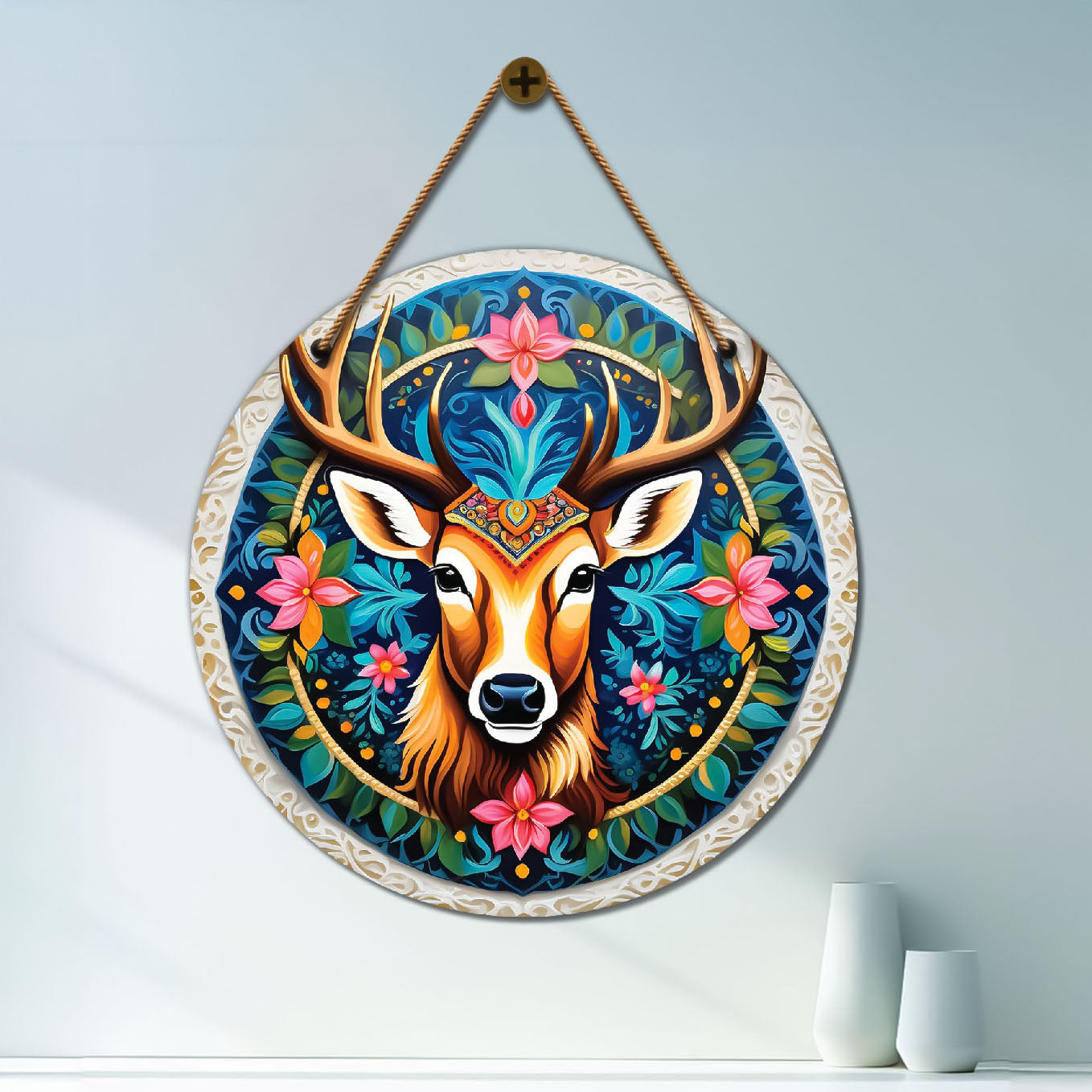 Deer in blue and floral mandala Round Wooden Wall Hanging for wall Décor - Design - 307