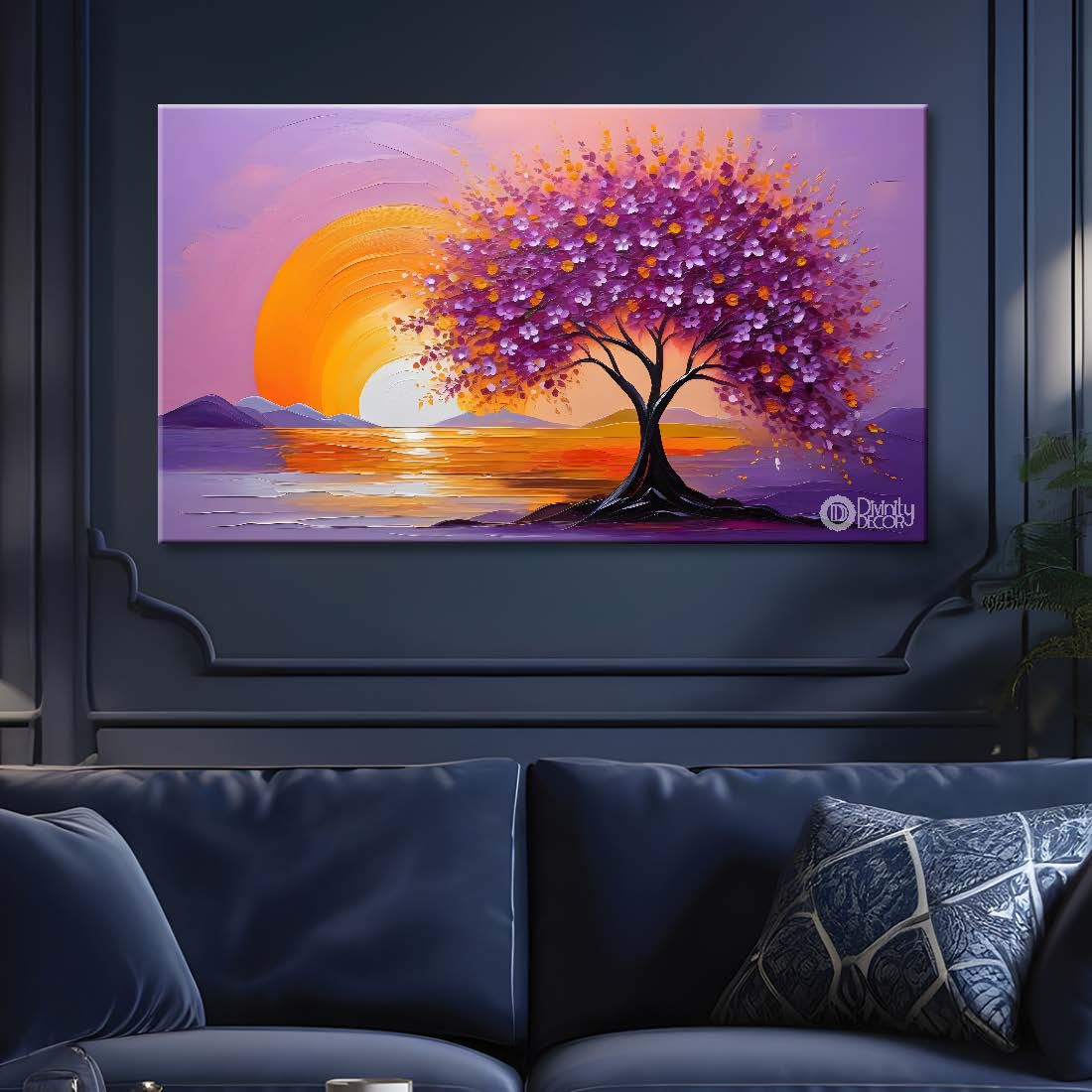 Spring tree with the sea and sunset in pink textured background canvas painting- Flower-307