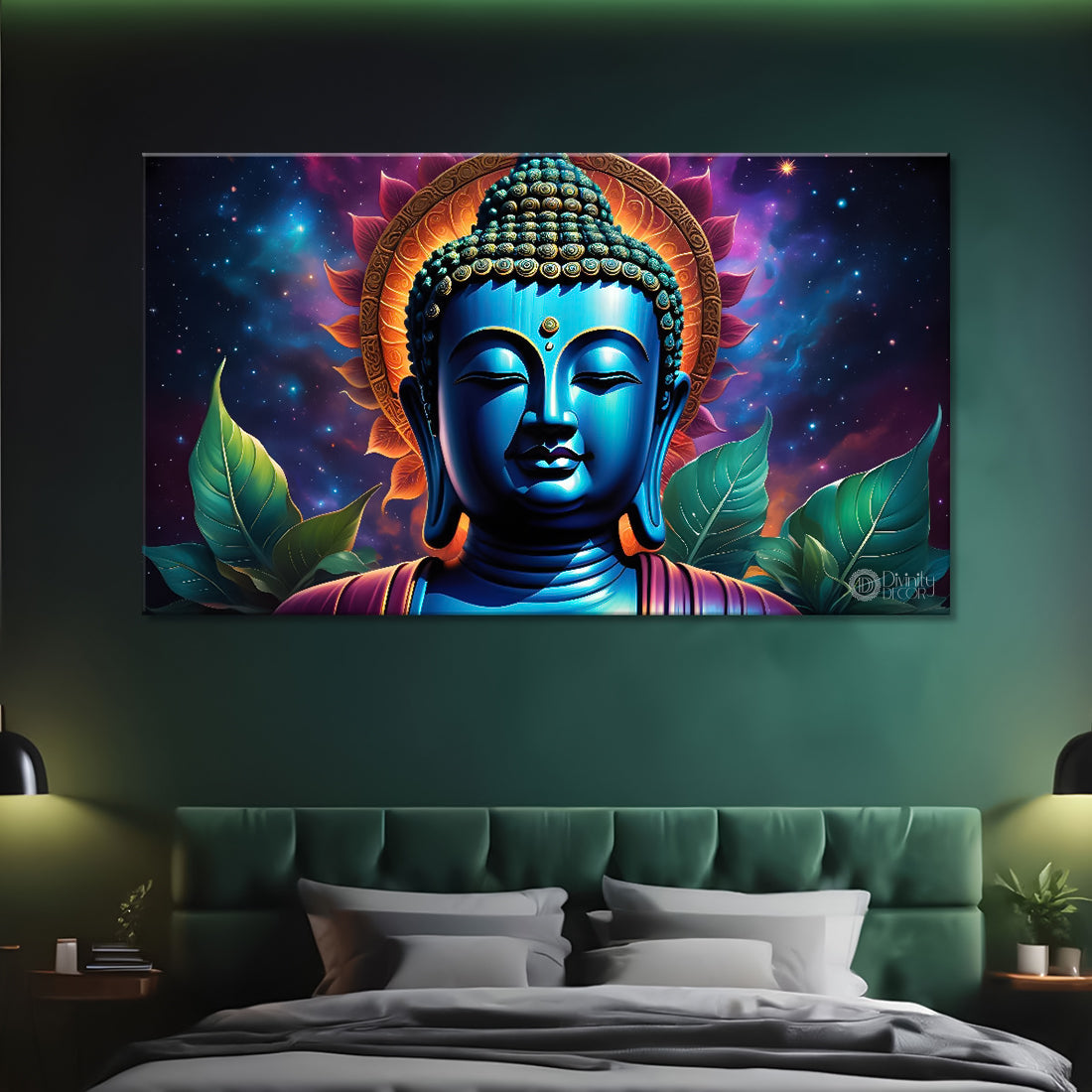 Blue buddha with the blue and flowers background textured painting Canvas Wall Painting - Buddha-308