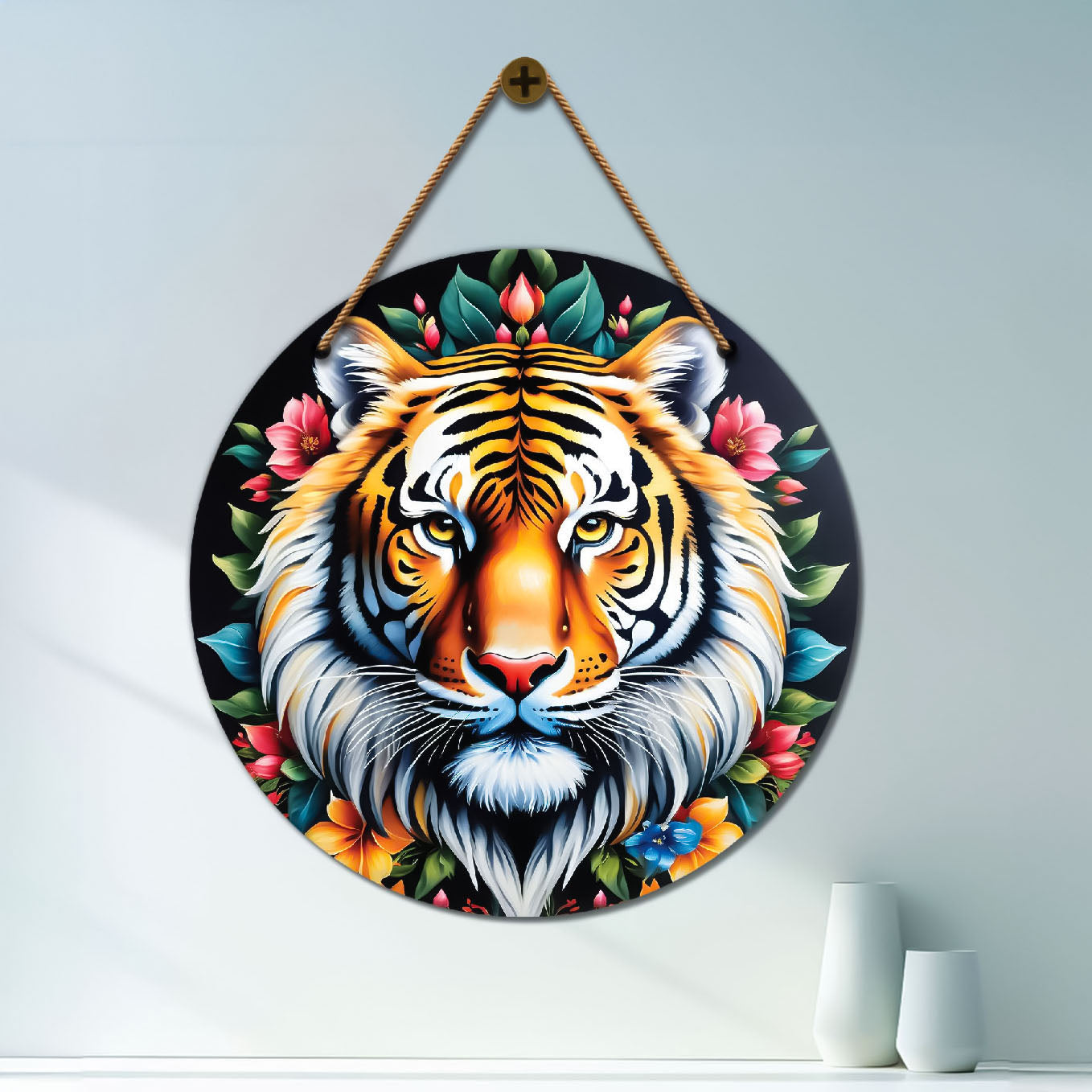 Tiger in floral mandala Round Wooden Wall Hanging for wall Décor - Design - 308