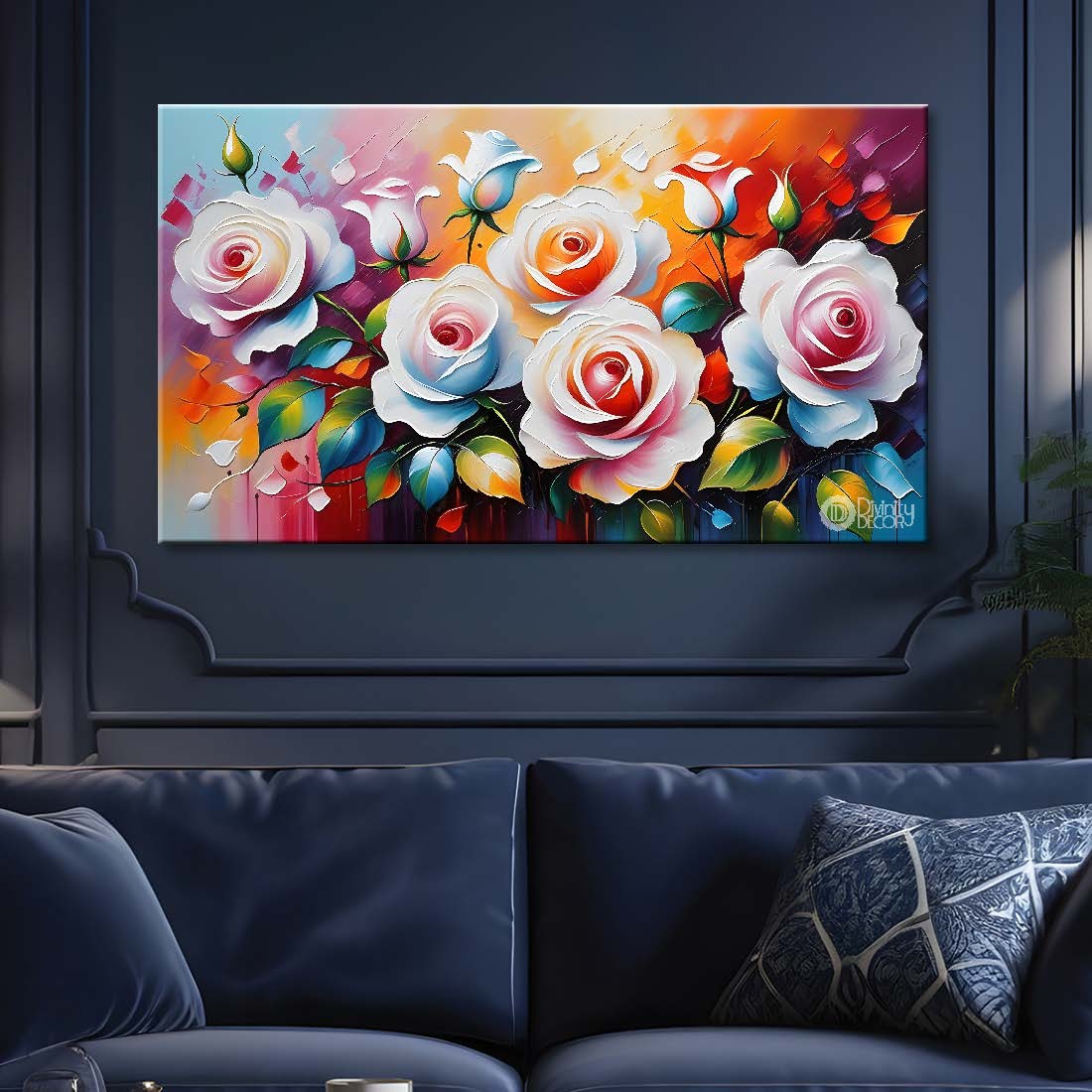 White roses in colorful background canvas painting- Flower-308