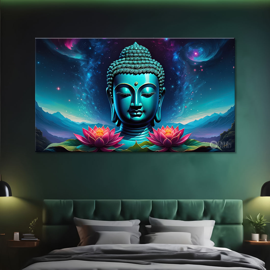 Blue buddha with the blue and flowers background textured painting Canvas Wall Painting - Buddha-309