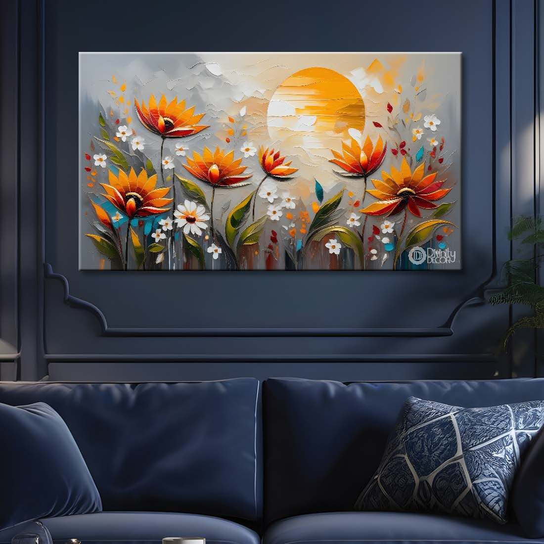 Orange flowers in grey background canvas painting- Flower-309