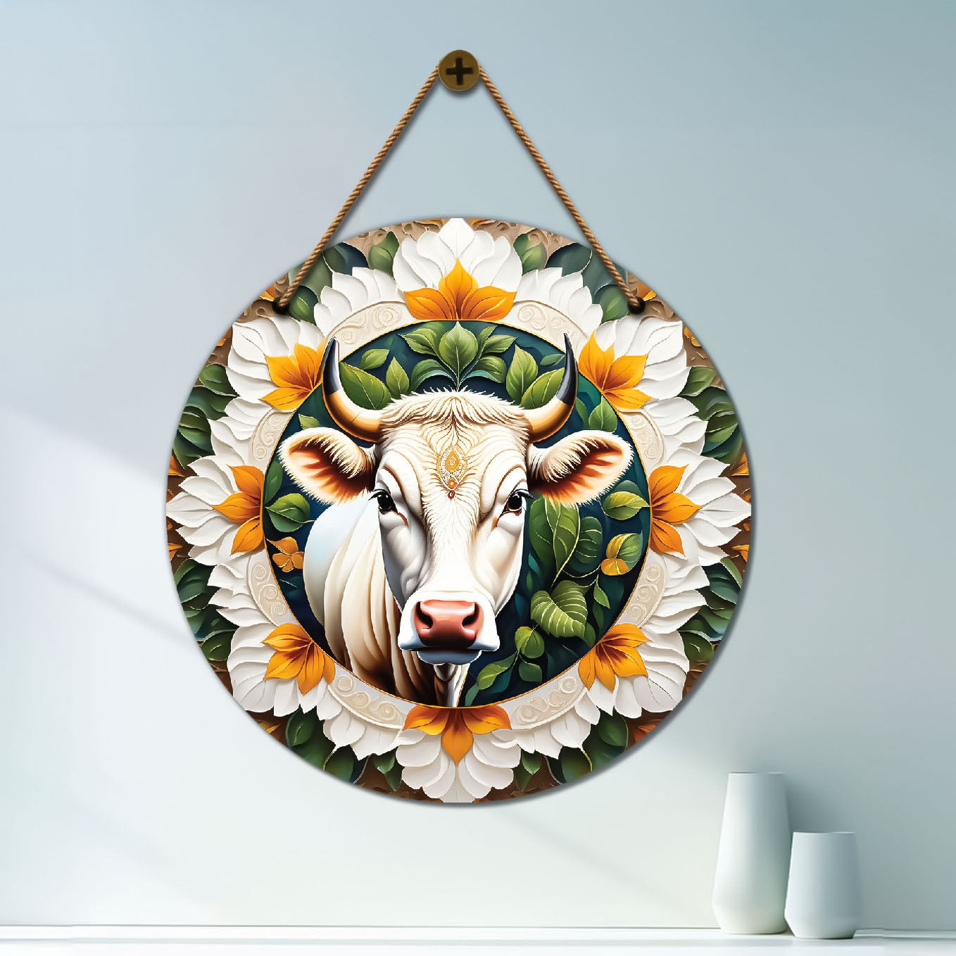 Cow in green and white mandala Round Wooden Wall Hanging for wall Décor - Design - 309