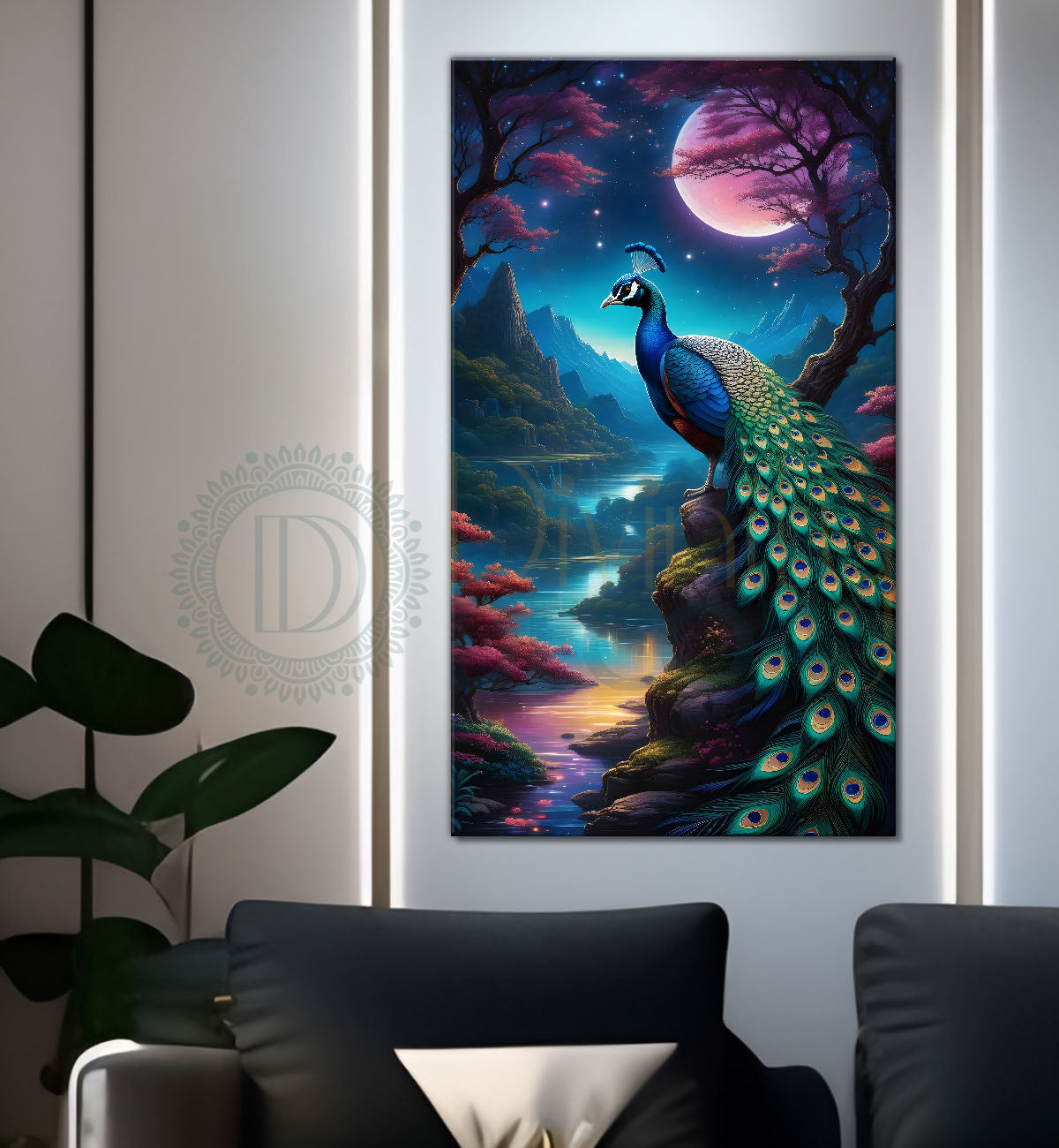 Peacock in front of moon with blue background modern art painting  - Design - Peacock-V-30