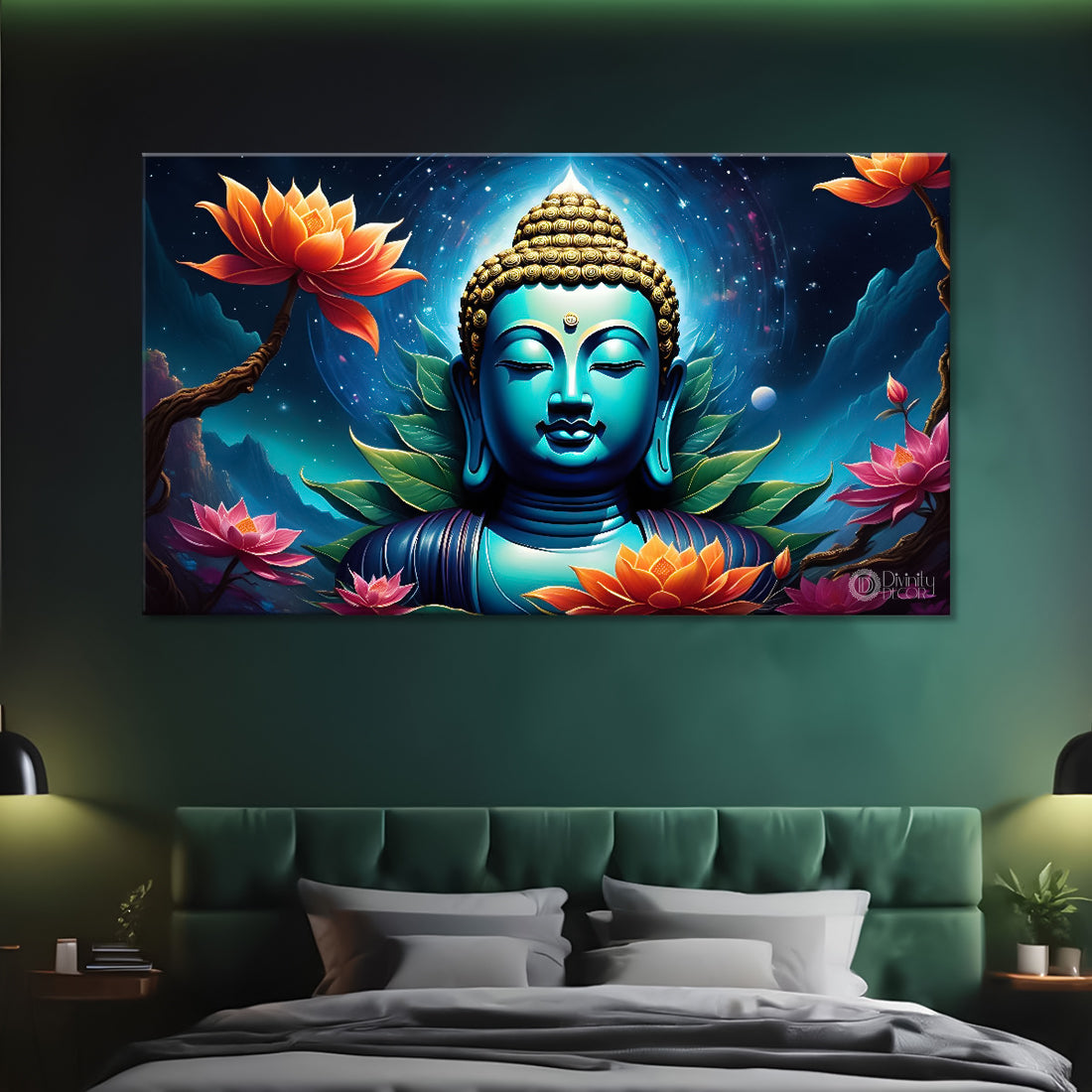Blue buddha with the blue and flowers background textured painting Canvas Wall Painting - Buddha-310