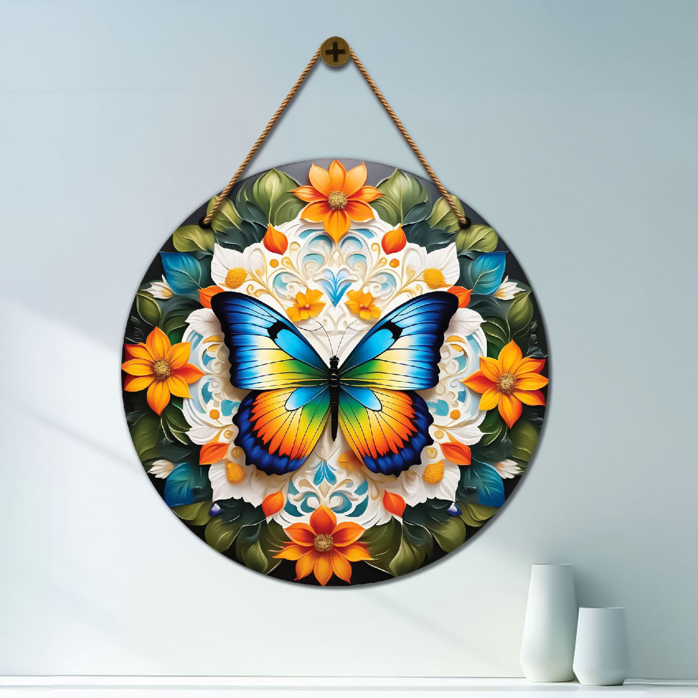 Butterfly in green and orange mandala Round Wooden Wall Hanging for wall Décor - Design - 310