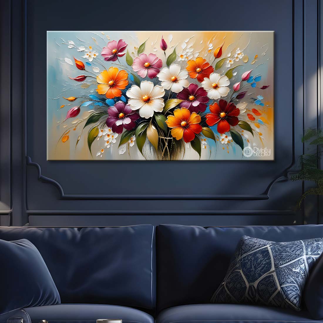 Colorful flowers in blue background canvas painting- Flower-310