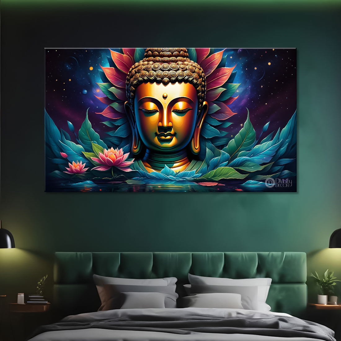 Golden buddha with the blue and flowers background textured painting Canvas Wall Painting - Buddha-311