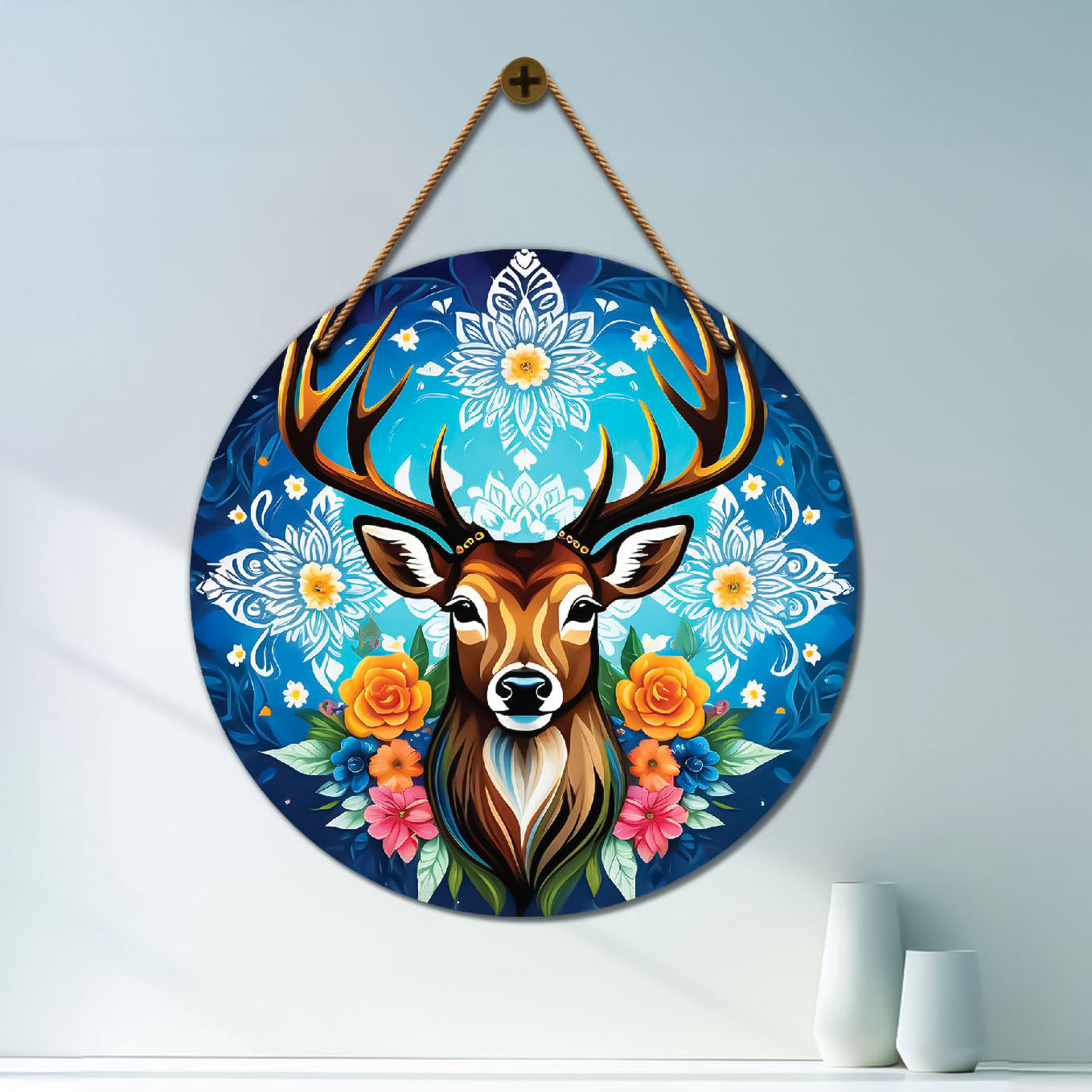 Deer in blue and floral mandala Round Wooden Wall Hanging for wall Décor - Design - 311
