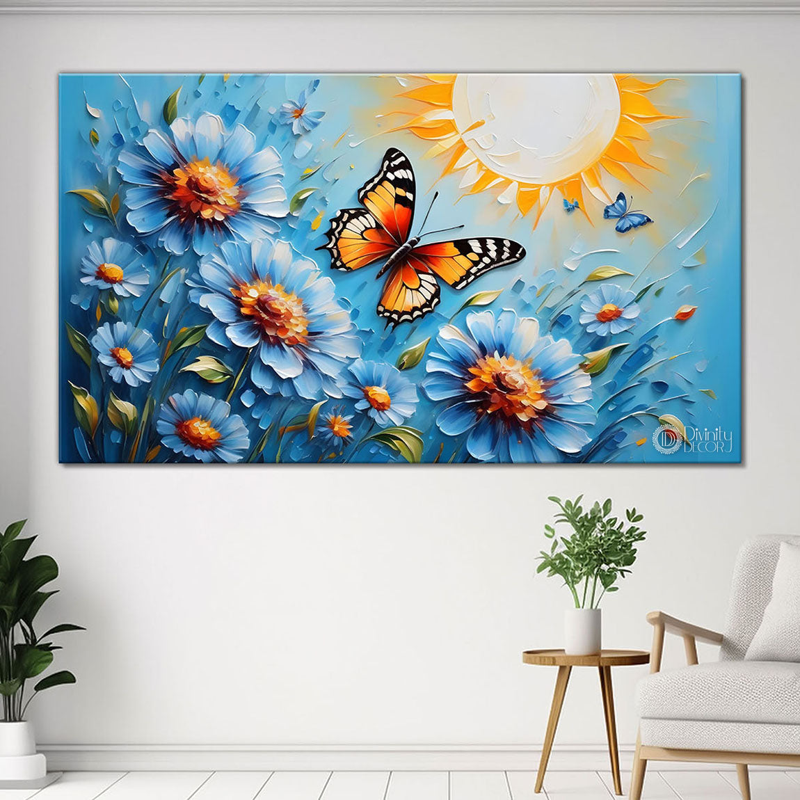 Flowers and butterfly textured art Canvas Painting - Nature Art -311