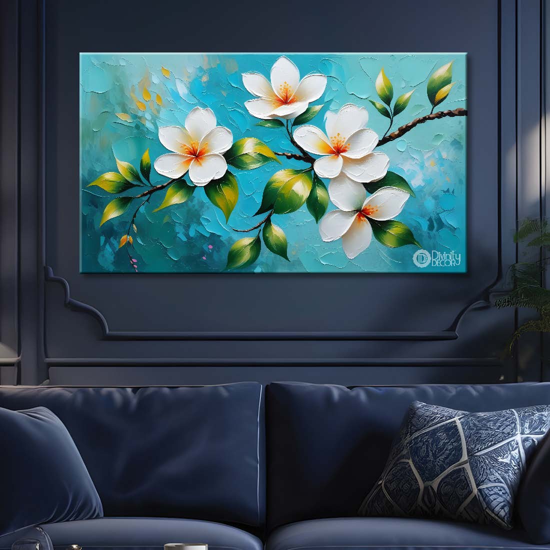 White flowers in blue background canvas painting- Flower-311