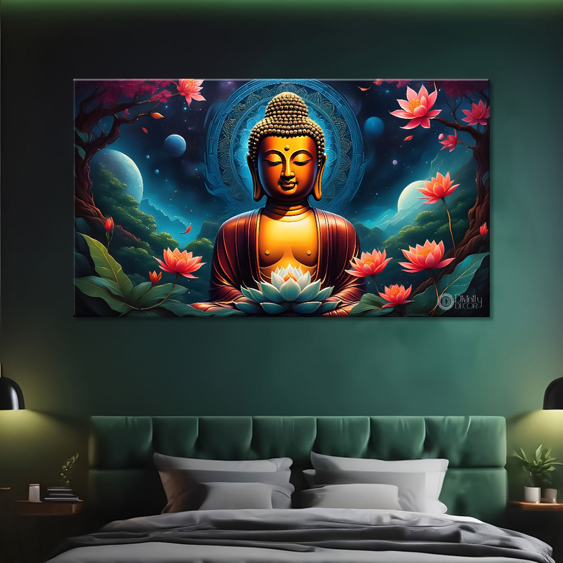 Golden buddha with the blue and flowers background textured painting Canvas Wall Painting - Buddha-312
