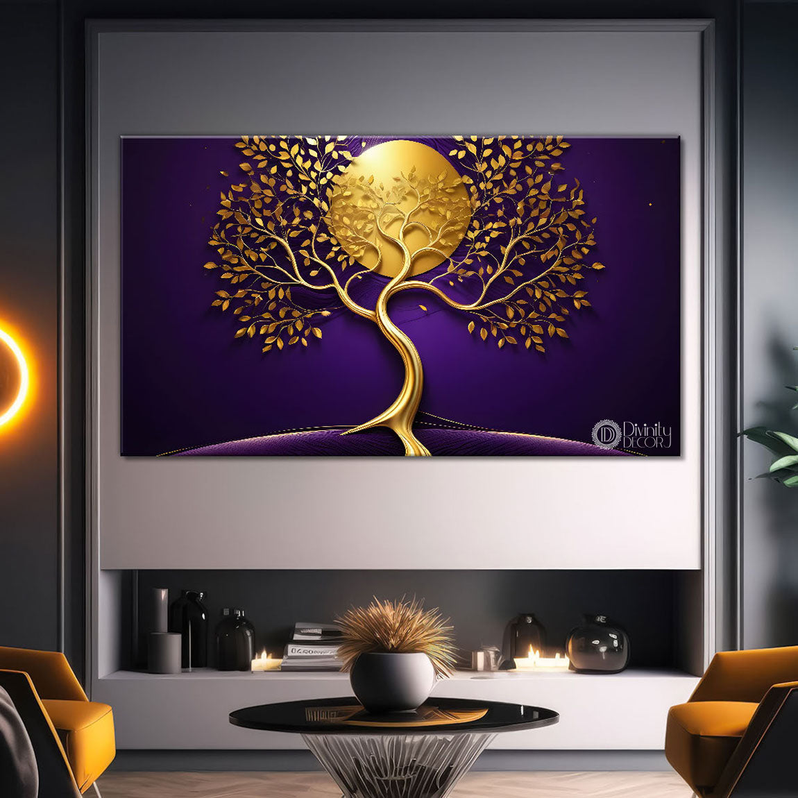 Golden tree in purple textured background modern art- Design - Tree-312