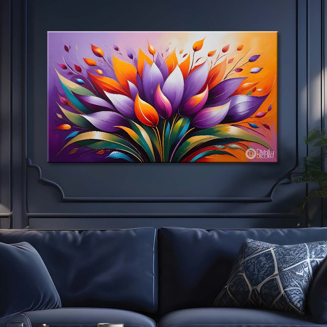 Purple flower in pink background canvas painting- Flower-312