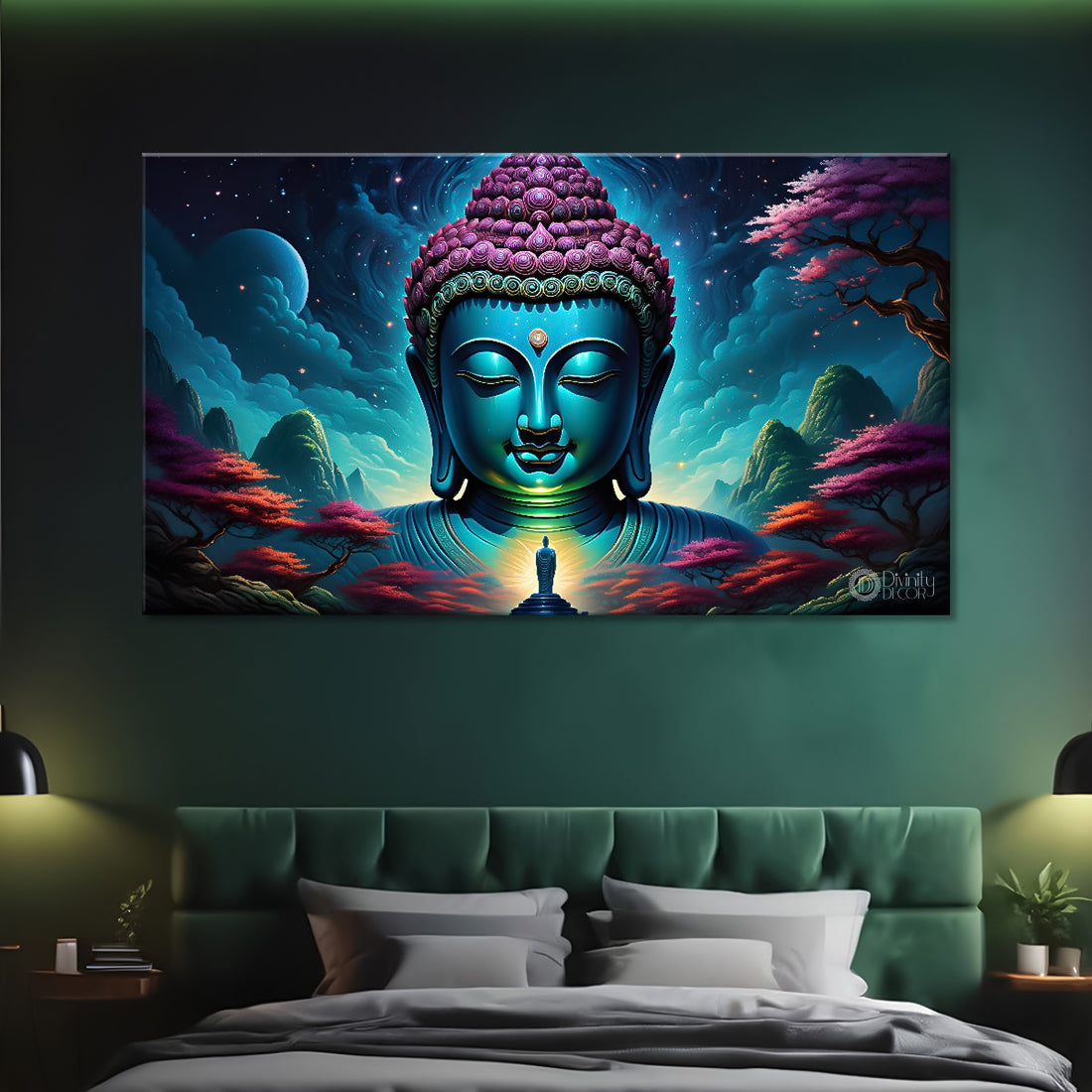Blue buddha with the blue mountains and pink trees background textured painting Canvas Wall Painting - Buddha-313