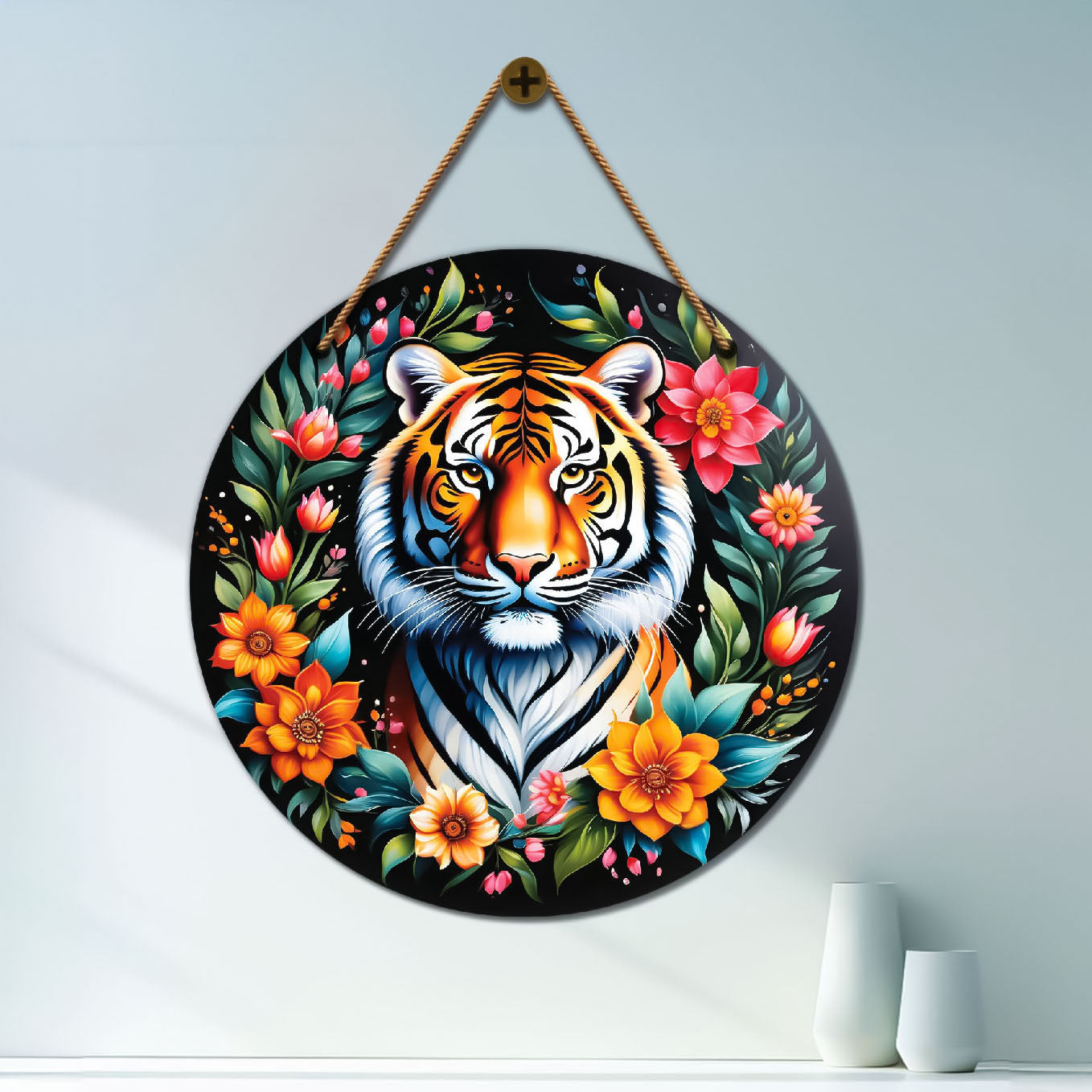 Tiger in floral mandala Round Wooden Wall Hanging for wall Décor - Design - 313