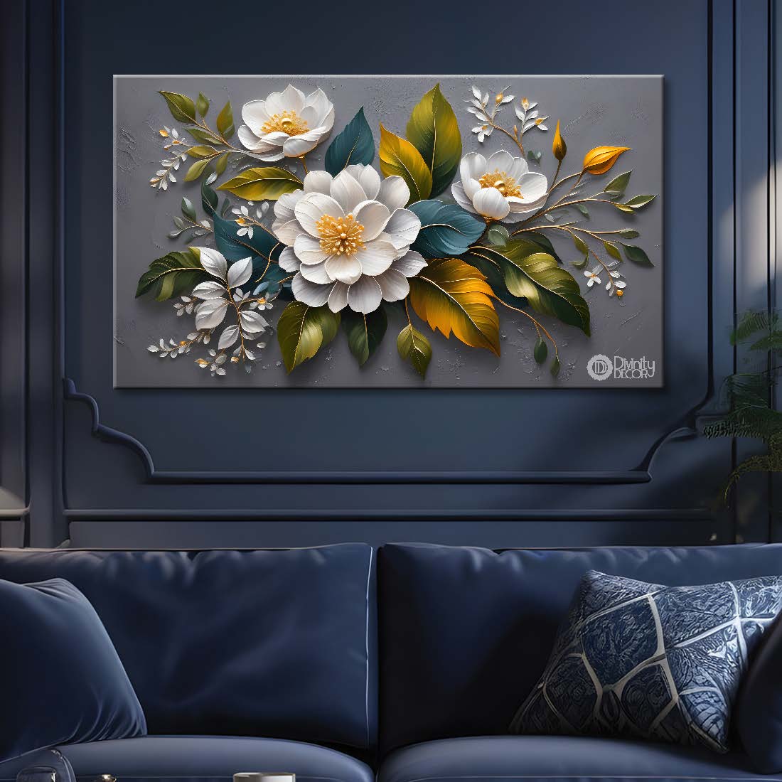 White flowers in grey background canvas painting- Flower-313