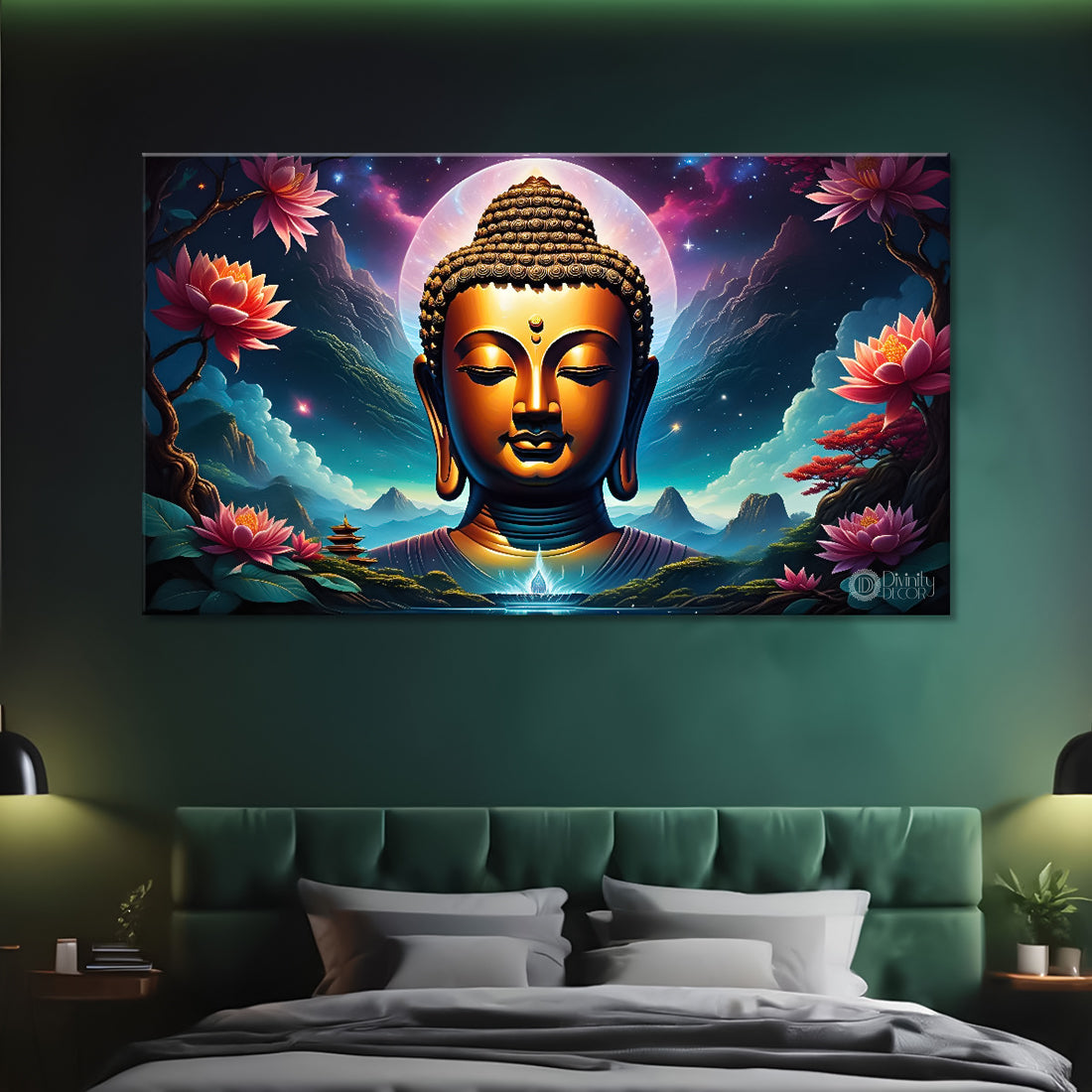 Golden buddha with the blue and flowers background textured painting Canvas Wall Painting - Buddha-314