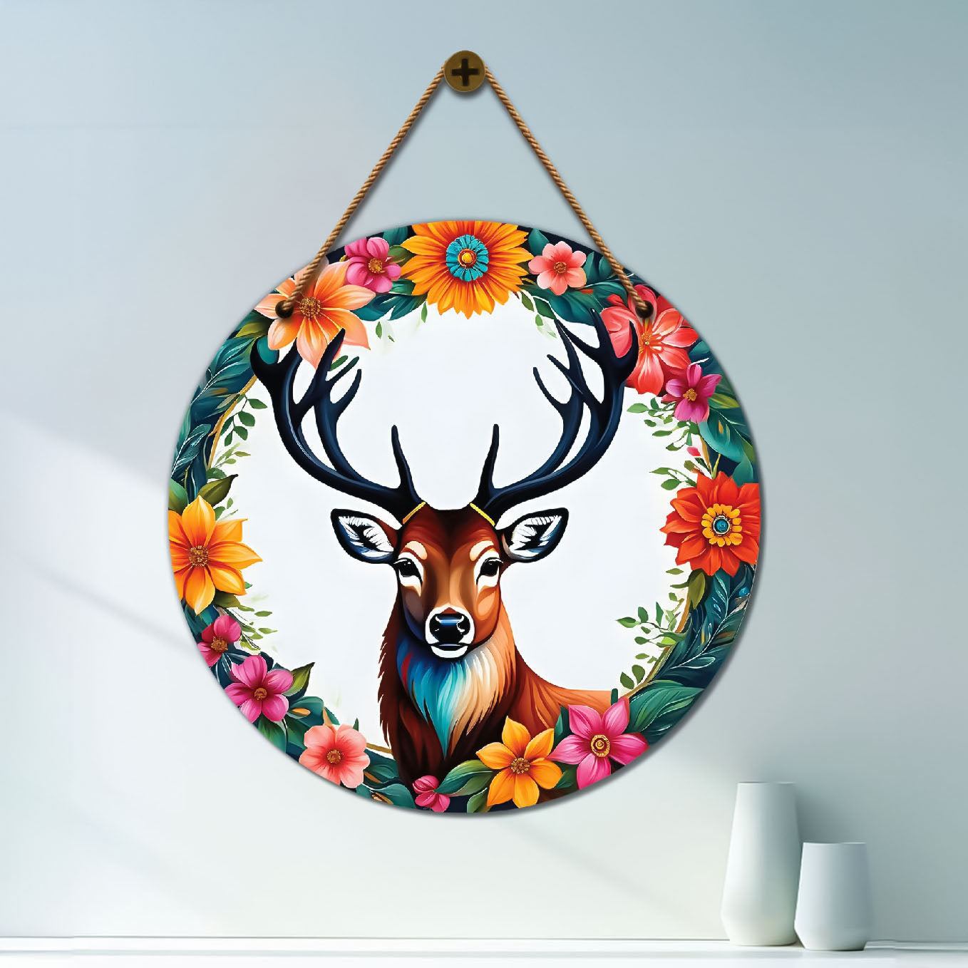 Deer in white and floral mandala Round Wooden Wall Hanging for wall Décor - Design - 314