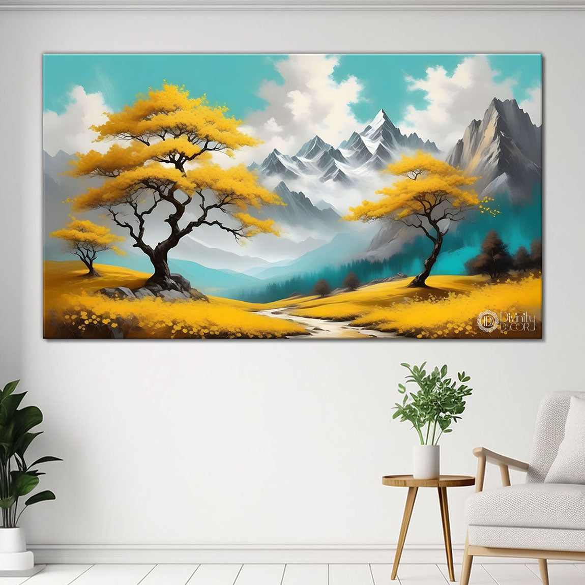 Yellow trees with mountains Canvas Painting - Nature Art -314