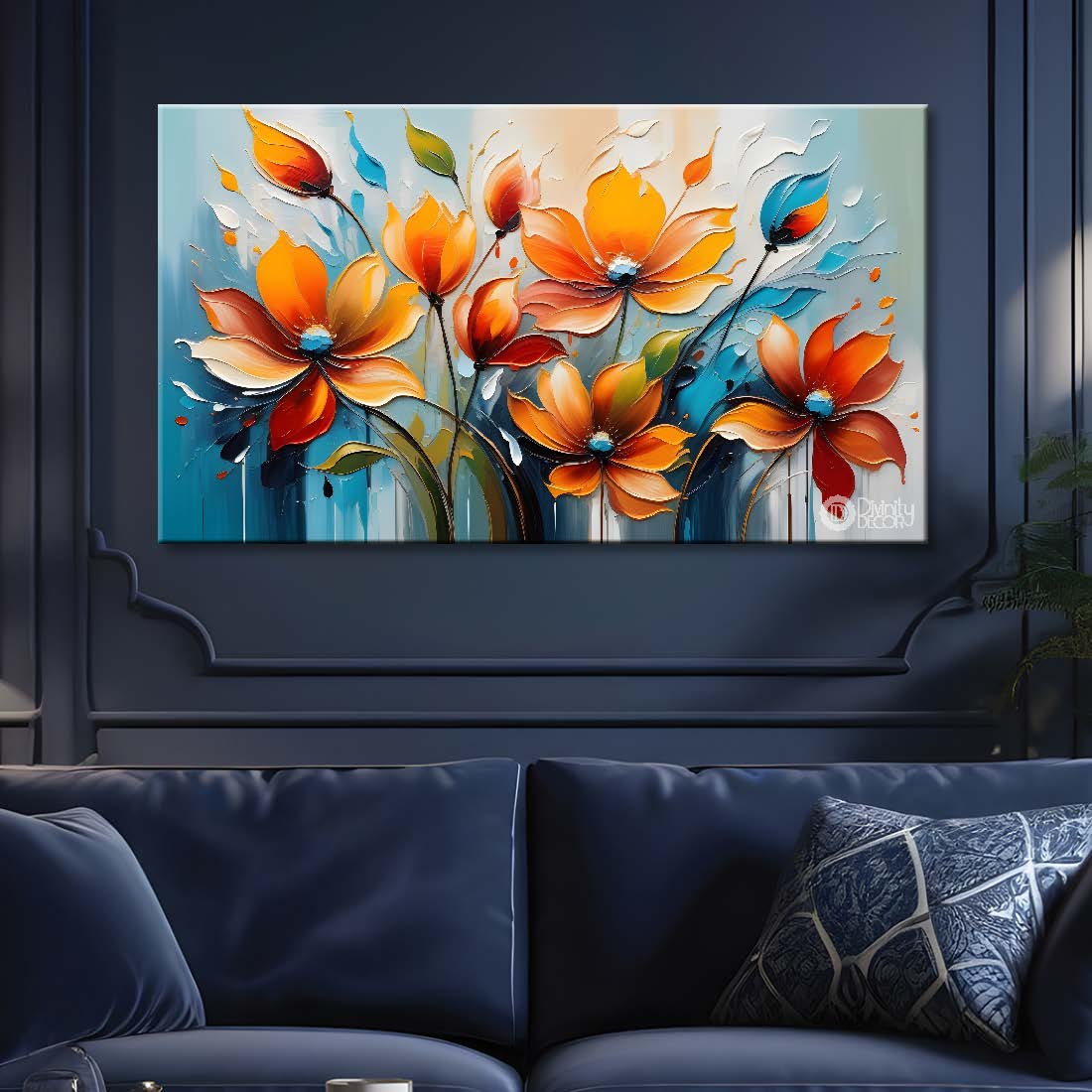 Orange flowers in blue background canvas painting- Flower-314