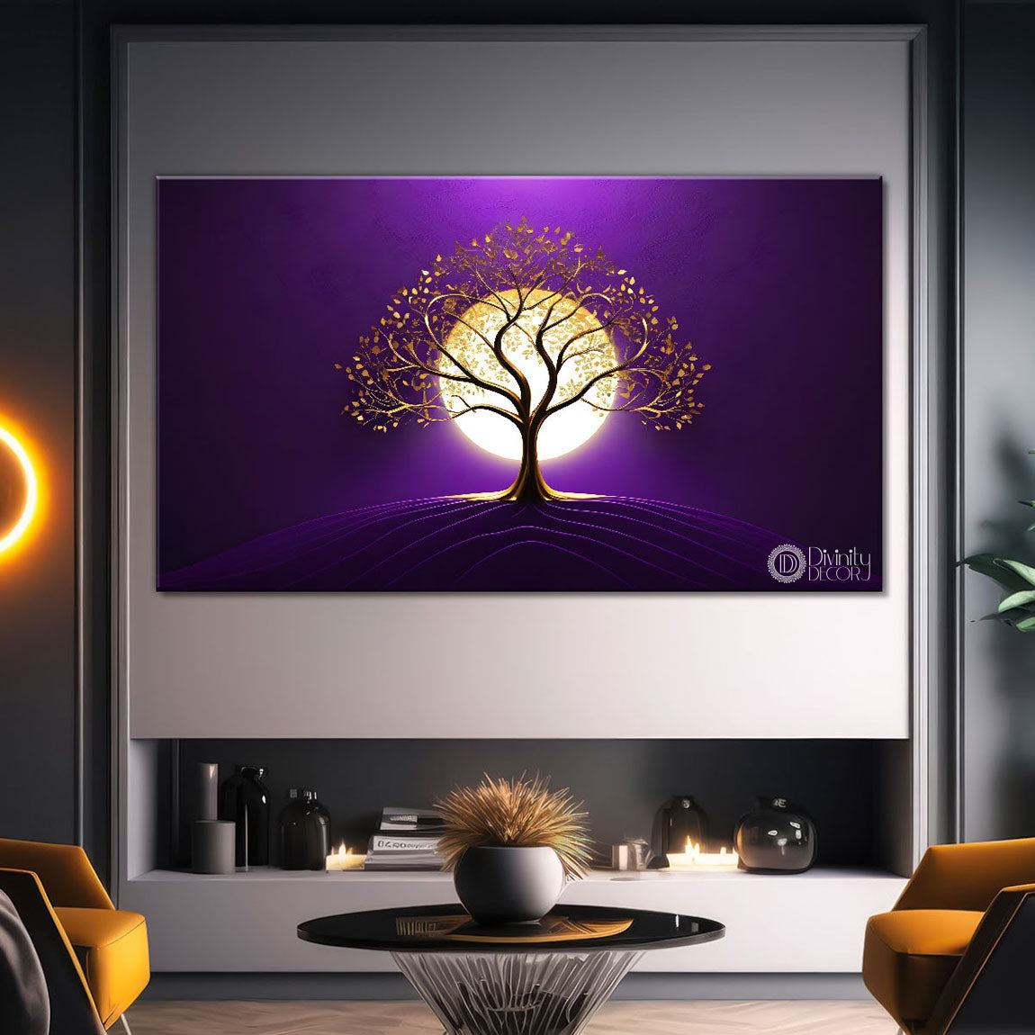 Golden tree in purple textured background modern art- Design - Tree-314