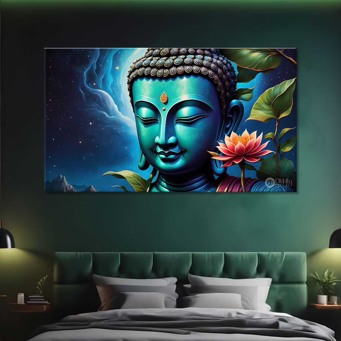 Blue buddha with the blue and flowers background textured painting Canvas Wall Painting - Buddha-315