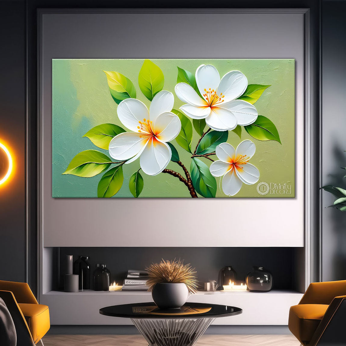 White flower tree in textured background oil painting- Design - Tree-315