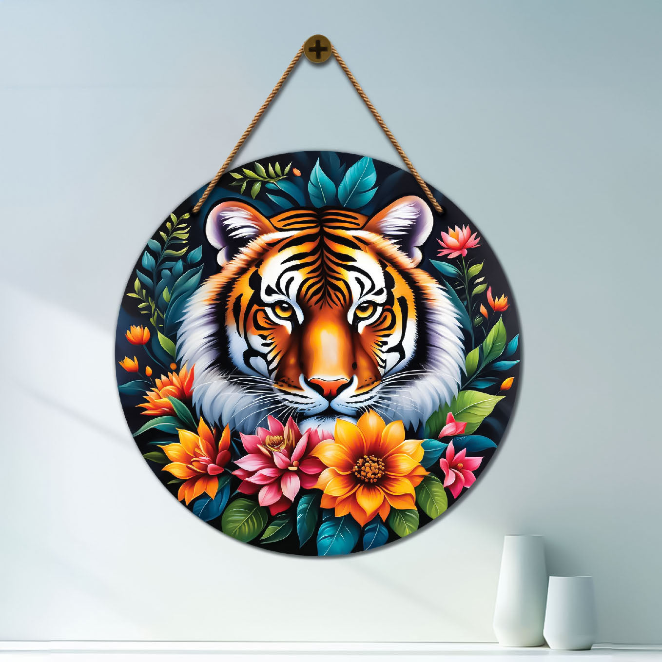 Tiger in floral mandala Round Wooden Wall Hanging for wall Décor - Design - 315
