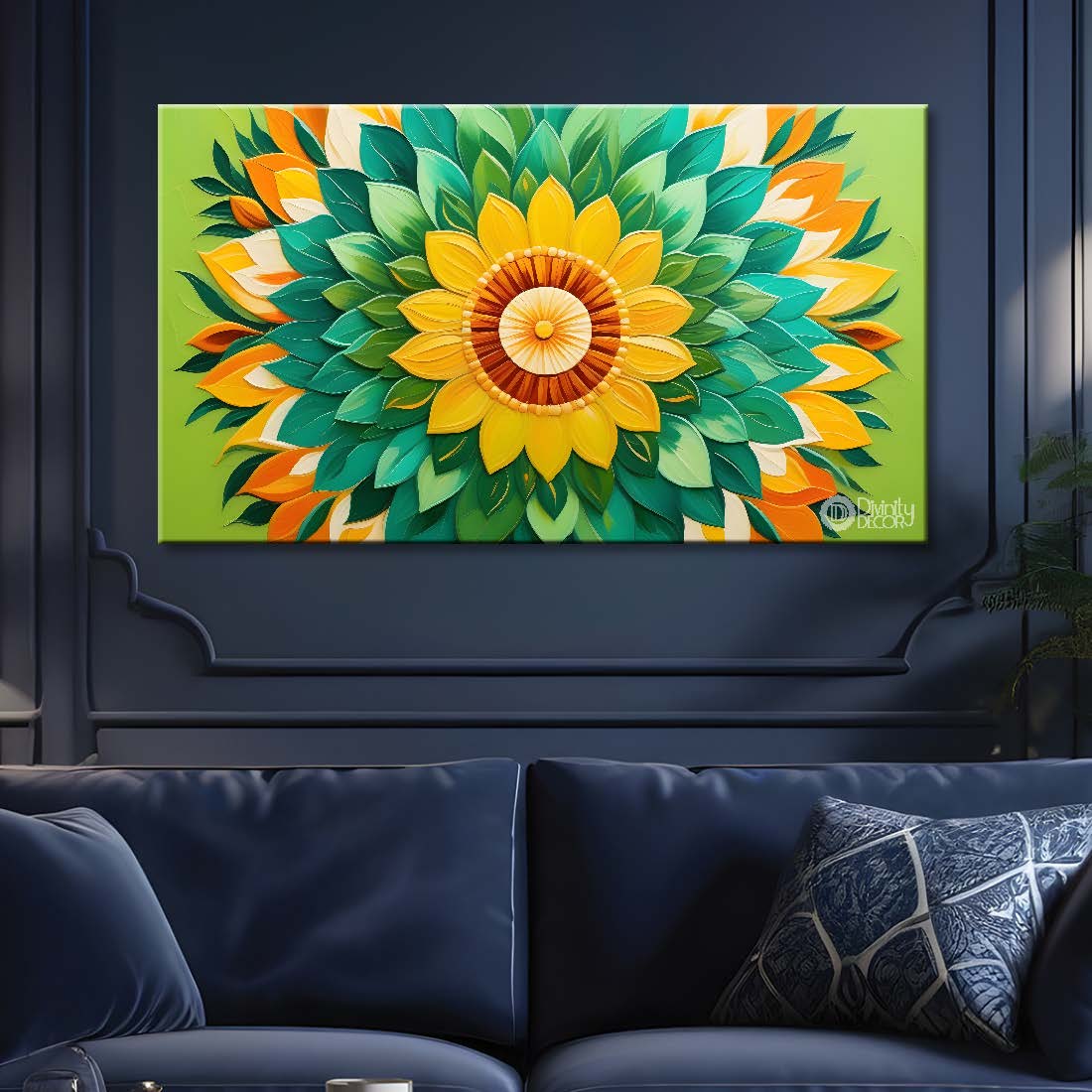 Yellow flower in the center with green and yellow background canvas painting- Flower-315